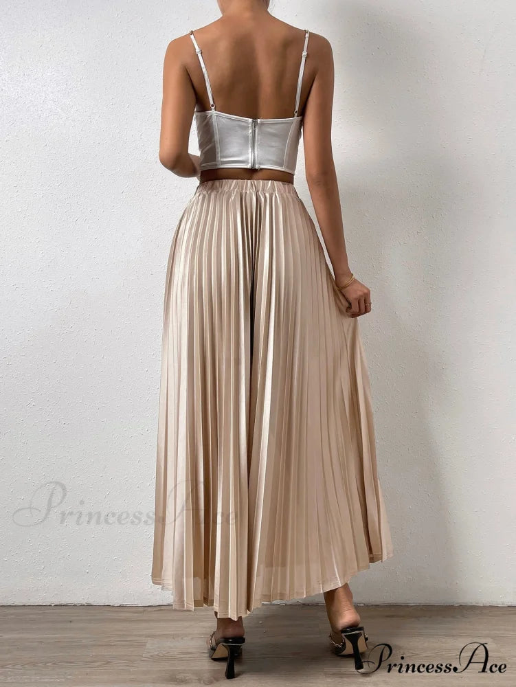 Solid Elastic Waist Pleated Skirt