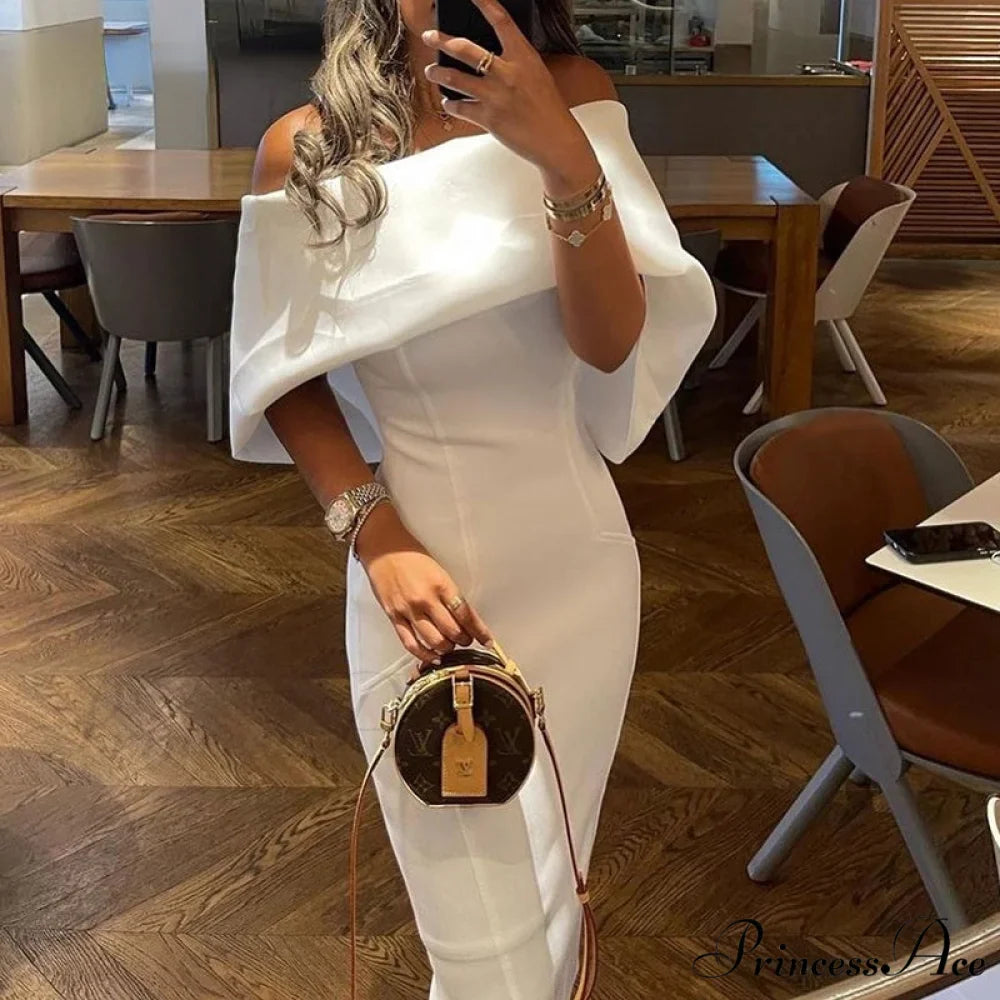Solid Elegant Off Shoulder Midi Bodycon Formal White Dress