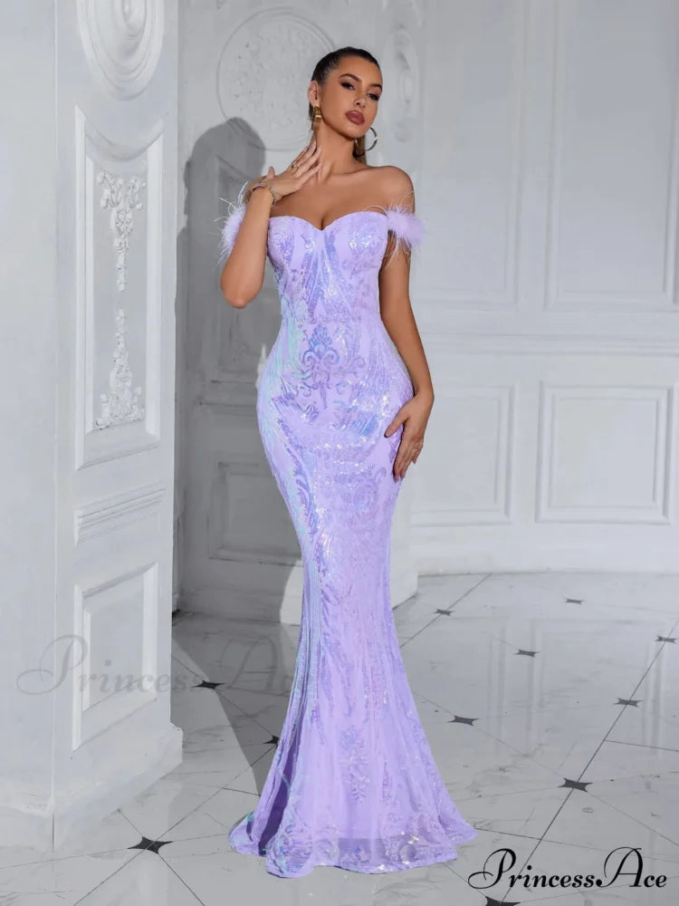 Solid Faux Feather Off-Shoulder Party Dress