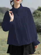 Solid Frilly High Neck Long Sleeve Blouse