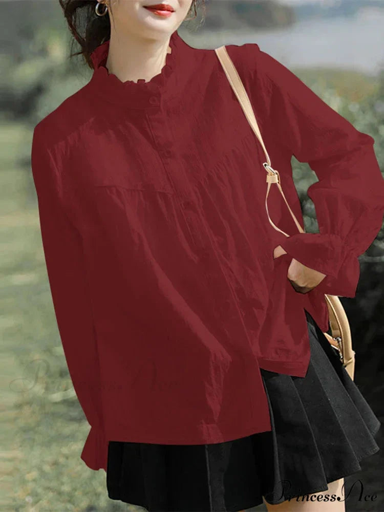 Solid Frilly High Neck Long Sleeve Blouse