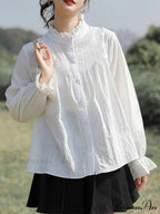 Solid Frilly High Neck Long Sleeve Blouse