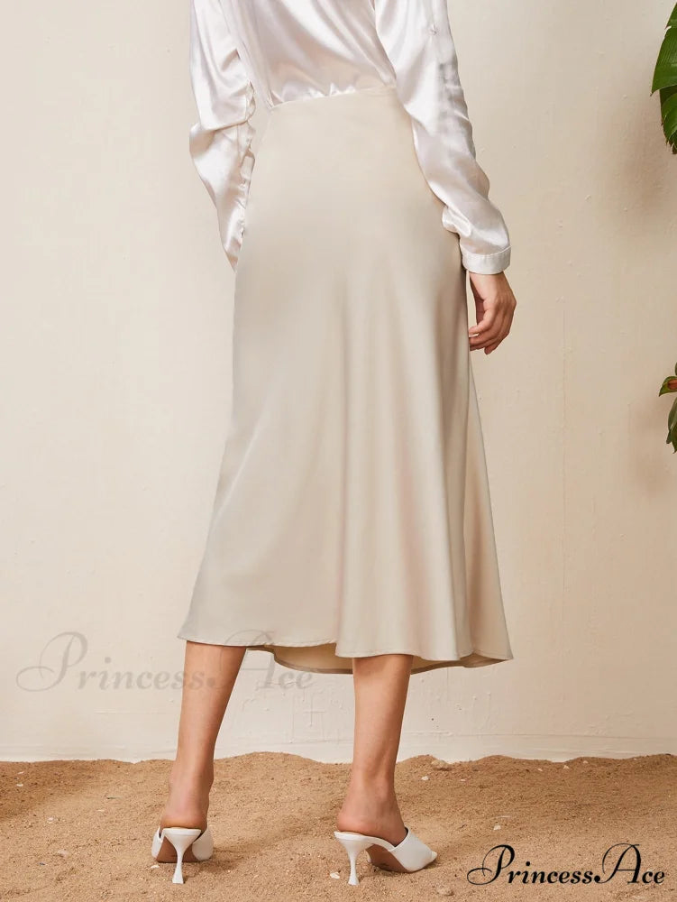 Solid High Waist Satin Skirt Workwear
