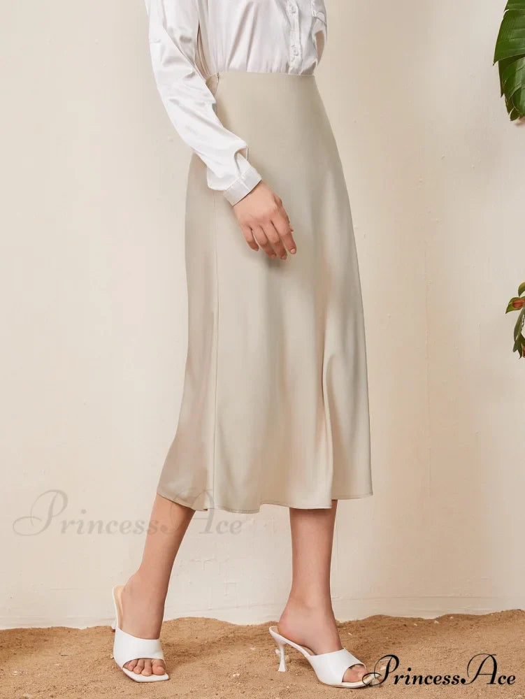 Solid High Waist Satin Skirt Workwear
