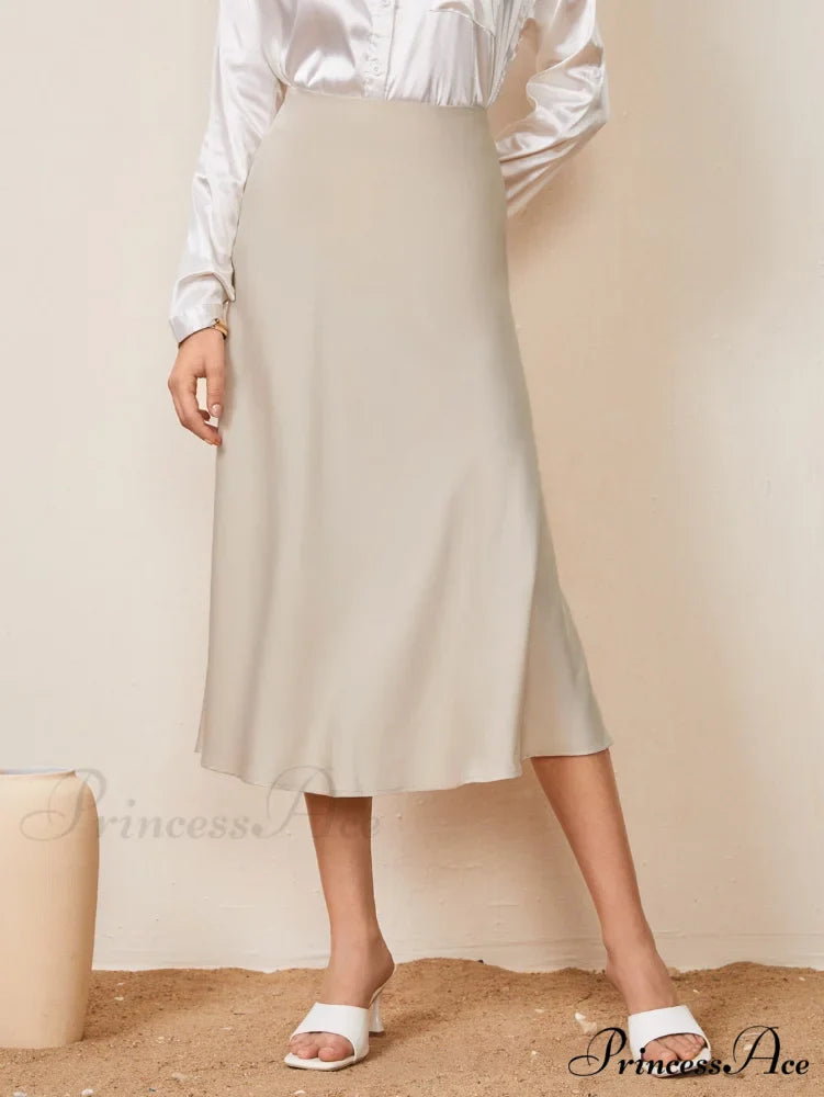 Solid High Waist Satin Skirt Workwear