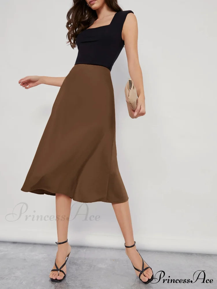 Solid High Waist Satin Skirt Workwear