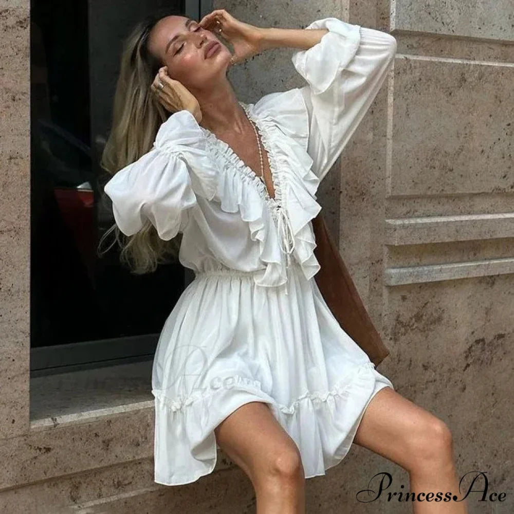 Solid Ivory Cotton Rayon Long Sleeve Frill Dress