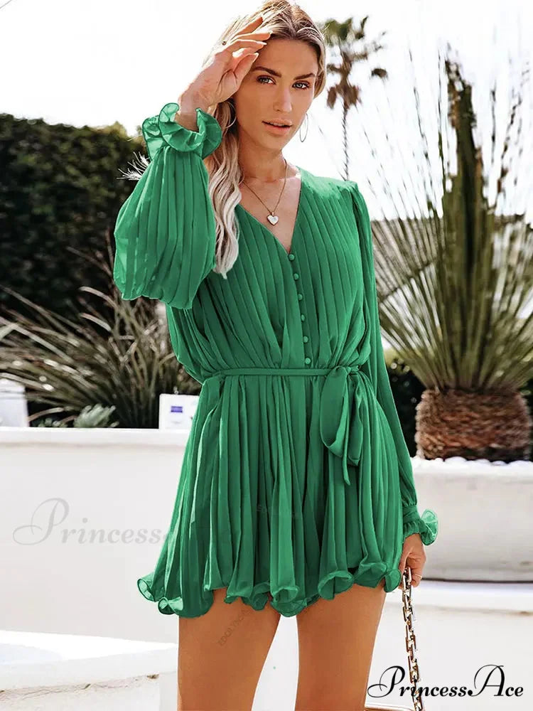 Solid Lace-up V-neck Button Ruffle Sexy Long Sleeves Mini Dress
