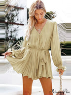 Solid Lace-up V-neck Button Ruffle Sexy Long Sleeves Mini Dress