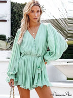 Solid Lace-up V-neck Button Ruffle Sexy Long Sleeves Mini Dress