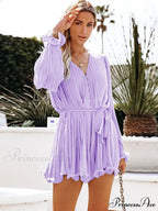 Solid Lace-up V-neck Button Ruffle Sexy Long Sleeves Mini Dress