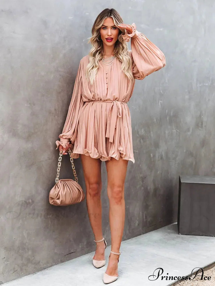 Solid Lace-up V-neck Button Ruffle Sexy Long Sleeves Mini Dress