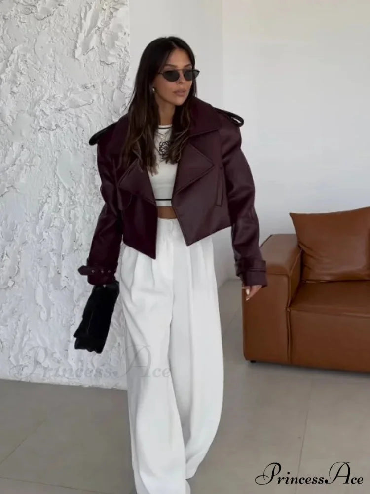 Solid Lapel Leather Cropped Coat