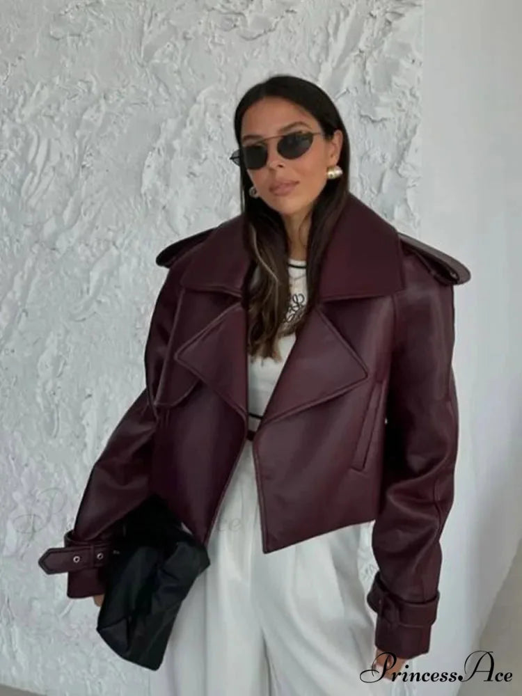 Solid Lapel Leather Cropped Coat