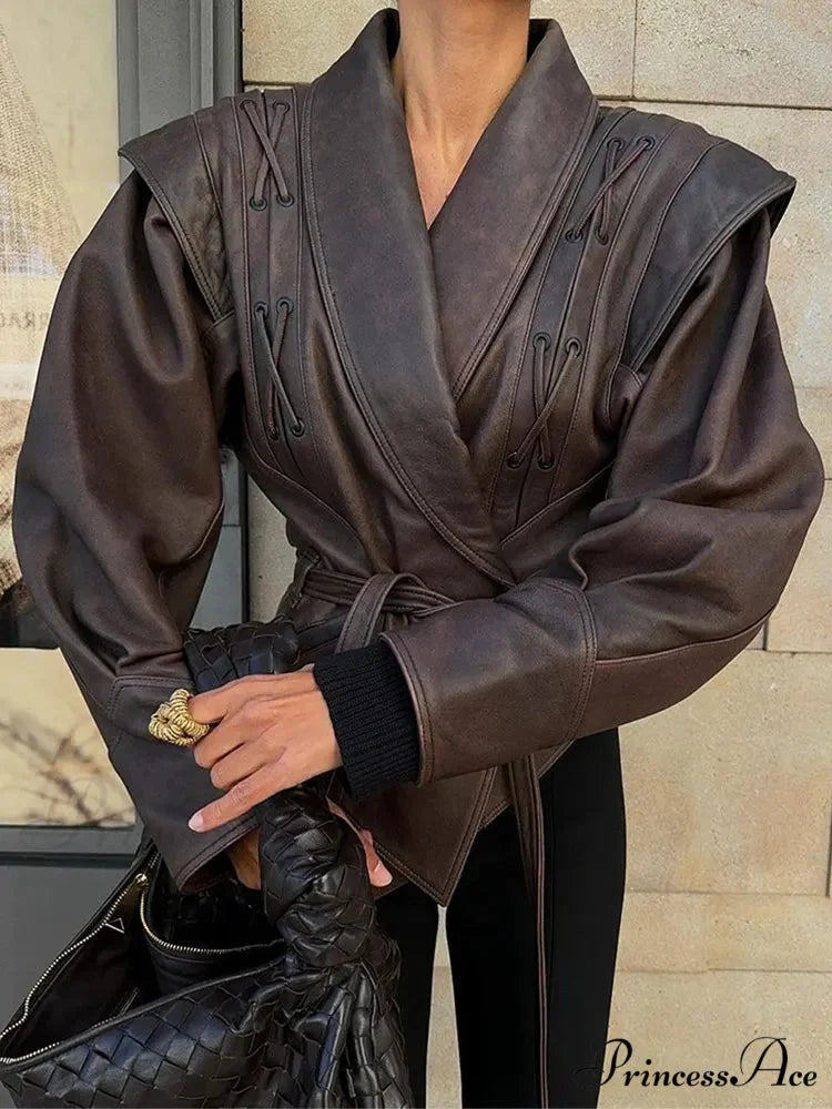 Solid Lapel Leather Cropped Coat