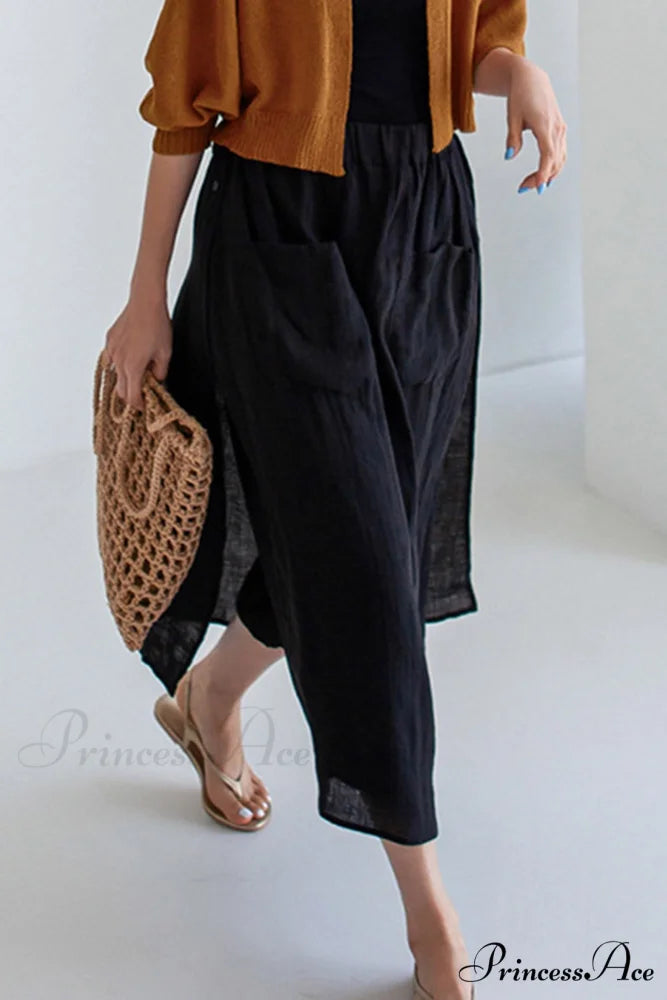 Solid Linen Midi Skirt with Pockets
