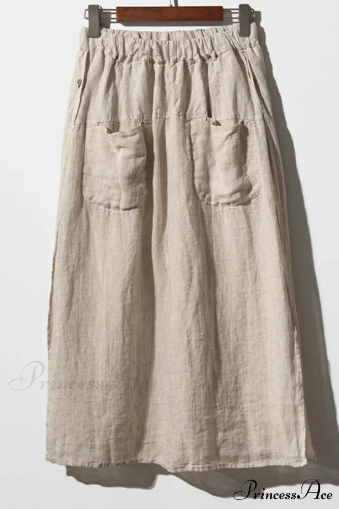 Solid Linen Midi Skirt with Pockets