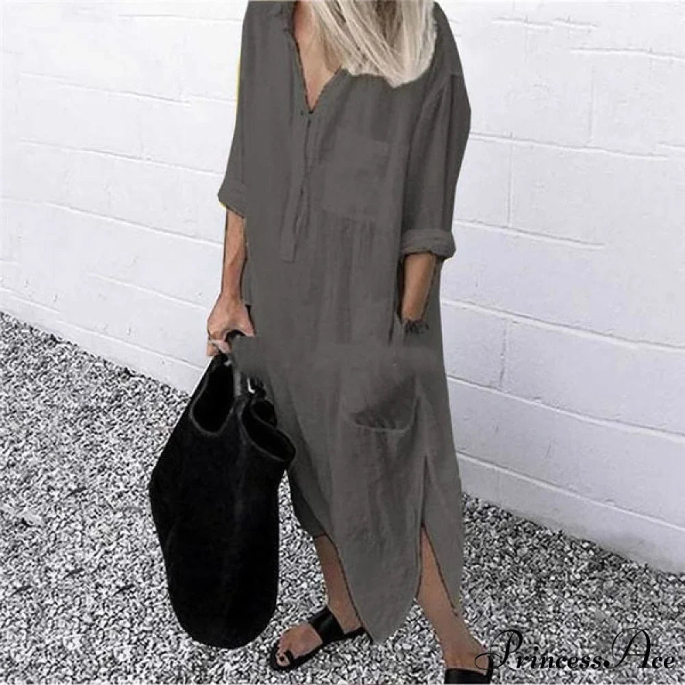 Solid Long Sleeve Side Split Long Dress