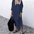 Solid Long Sleeve Side Split Long Dress
