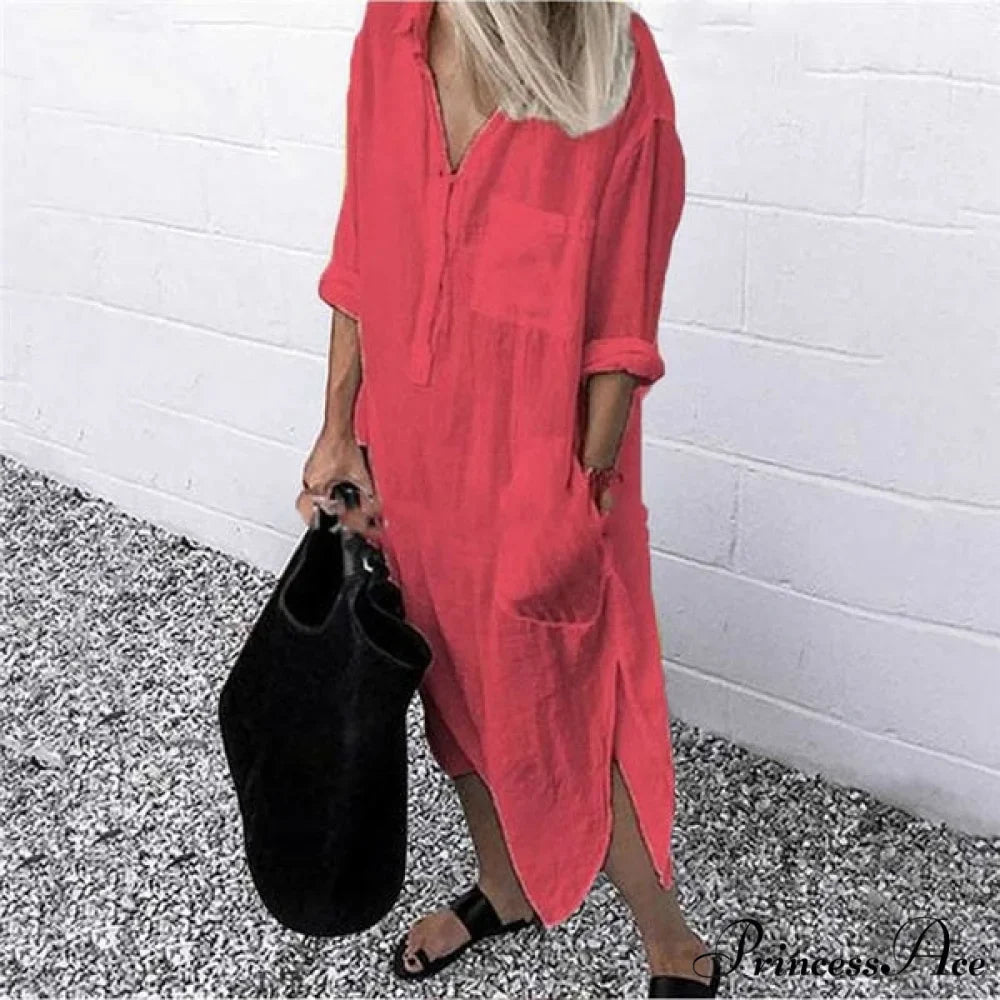 Solid Long Sleeve Side Split Long Dress