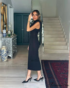 Solid O Neck Women's Sexy Rear Split High Waisted Elegant Office Lady Commuting Streetwear Robes Midi Dress