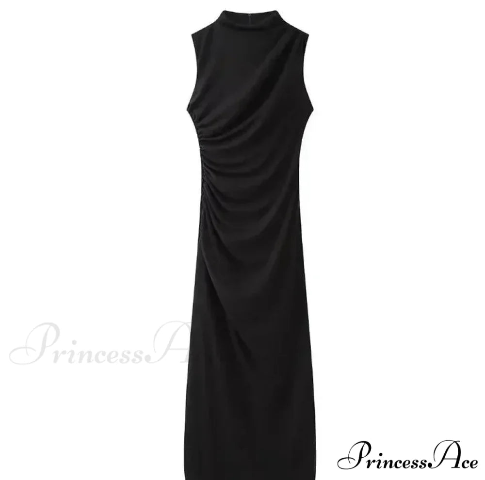 Solid O Neck Women's Sexy Rear Split High Waisted Elegant Office Lady Commuting Streetwear Robes Midi Dress