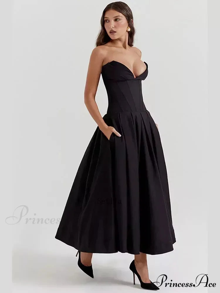 Solid Off-shoulder Chic Backless Strapless High-waisted Elegant Maxi Dress