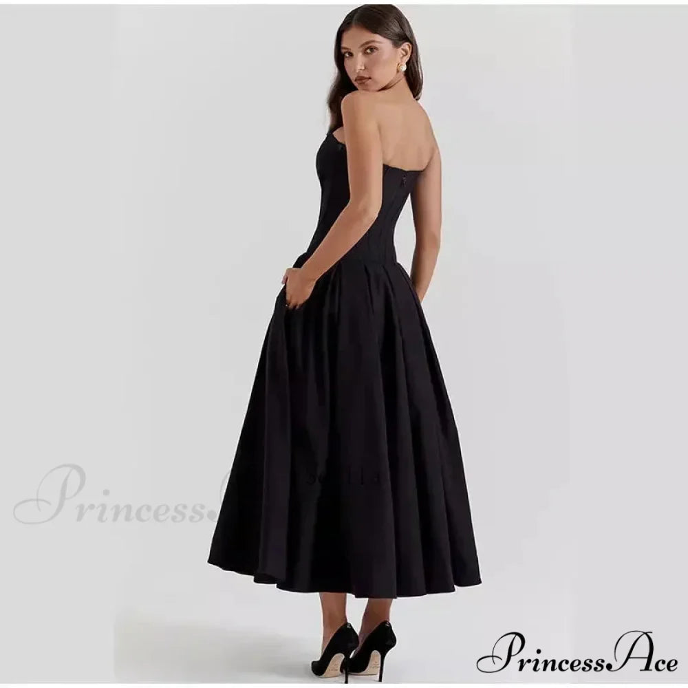 Solid Off-shoulder Chic Backless Strapless High-waisted Elegant Maxi Dress