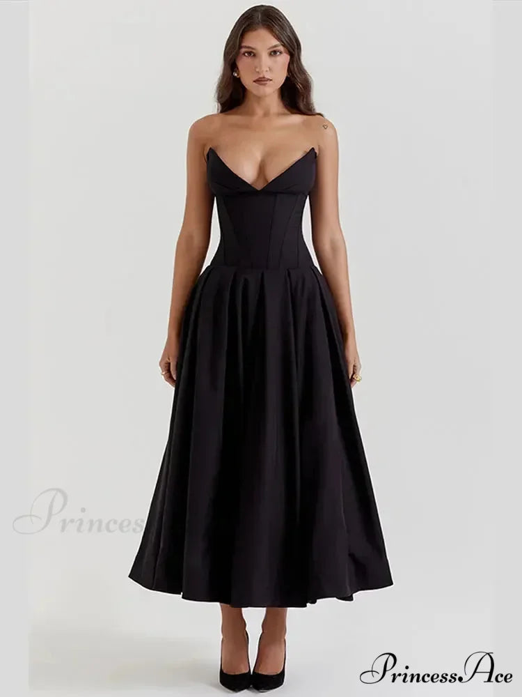 Solid Off-shoulder Chic Backless Strapless High-waisted Elegant Maxi Dress