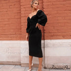 Solid Puff Sleeve Sexy Mid-Calf Dresses