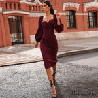 Solid Puff Sleeve Sexy Mid-Calf Dresses