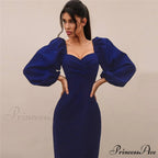 Solid Puff Sleeve Sexy Mid-Calf Dresses