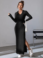 Solid Ribbed Knit Split Thigh Dress