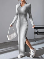 Solid Ribbed Knit Split Thigh Dress