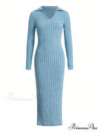 Solid Ribbed Knit Split Thigh Dress