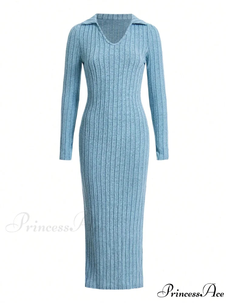 Solid Ribbed Knit Split Thigh Dress