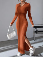 Solid Ribbed Knit Split Thigh Dress