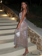 Solid Sequin Square Collar Sling Party Dress