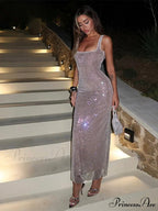 Solid Sequin Square Collar Sling Party Dress