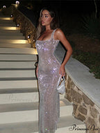 Solid Sequin Square Collar Sling Party Dress