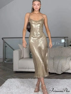 Solid Sequin V Neck Sling Party Dress