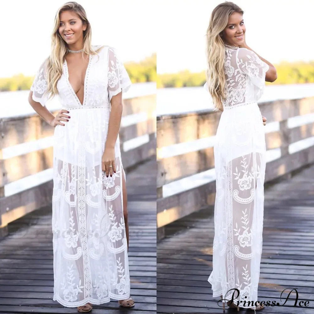 Solid Short Sleeve Beach Sexy Loose Bohemian Maxi Dress