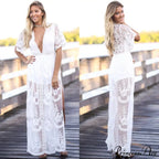 Solid Short Sleeve Beach Sexy Loose Bohemian Maxi Dress