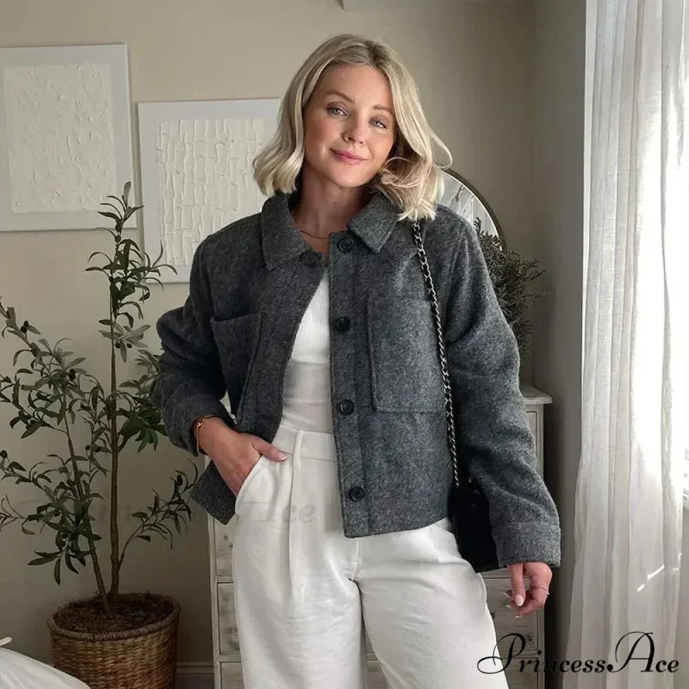 Solid Single-breasted Short Cotton Chic Lapel Long Sleeves Warm Elegant Coat