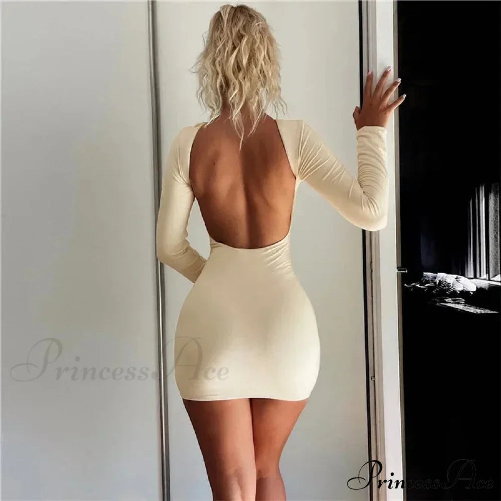 Solid Slinky Open Back Long Sleeve Mini Dress