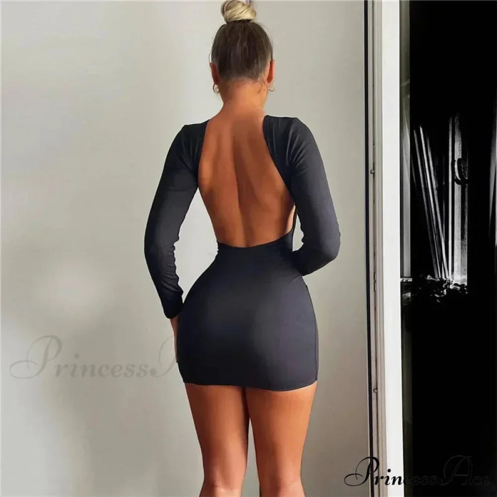 Solid Slinky Open Back Long Sleeve Mini Dress