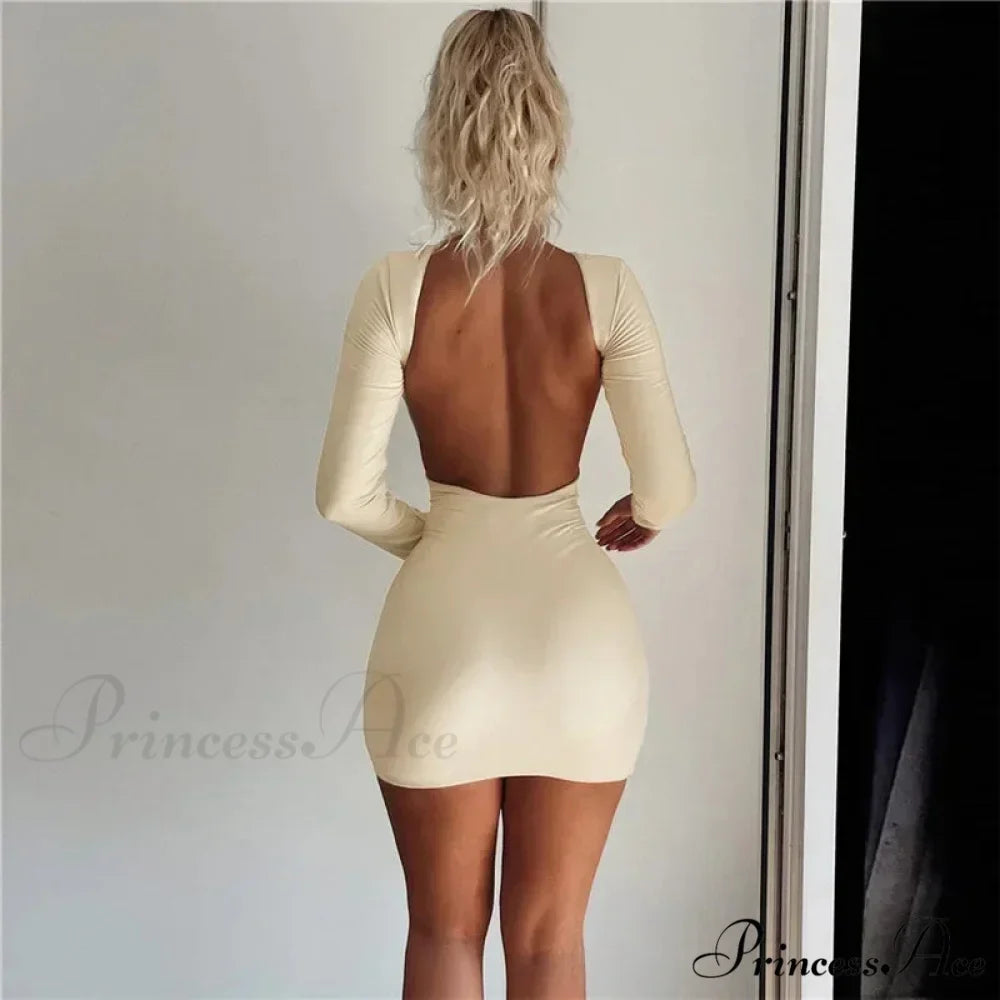 Solid Slinky Open Back Long Sleeve Mini Dress