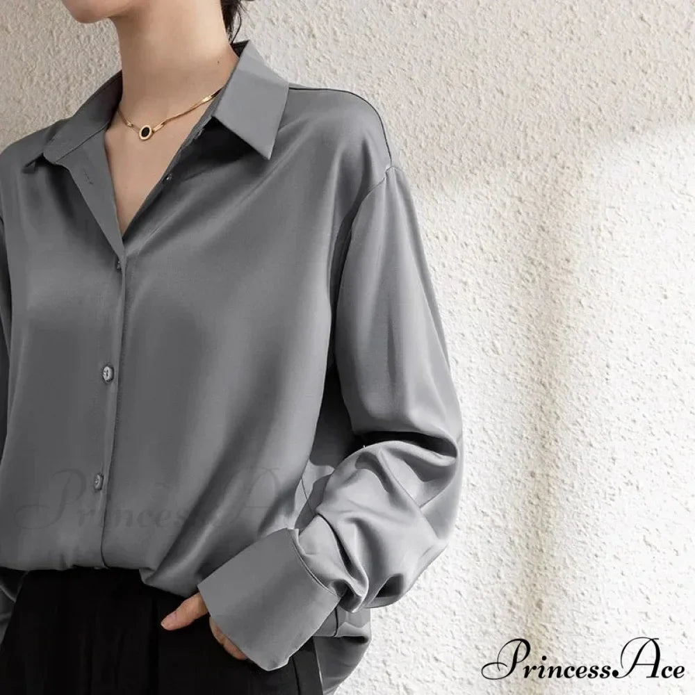 Solid Smooth Drape Baggy Long Sleeve Office Lady Blouse
