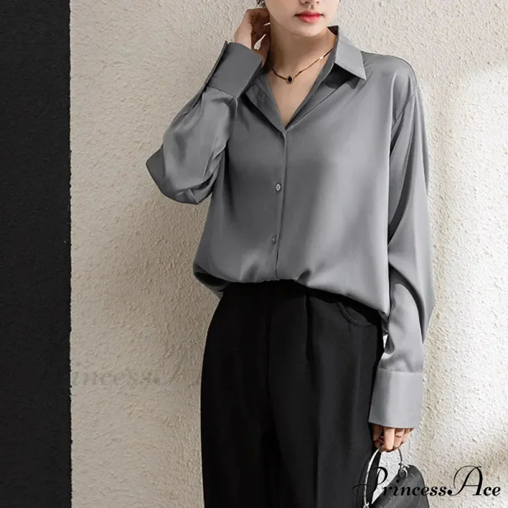 Solid Smooth Drape Baggy Long Sleeve Office Lady Blouse