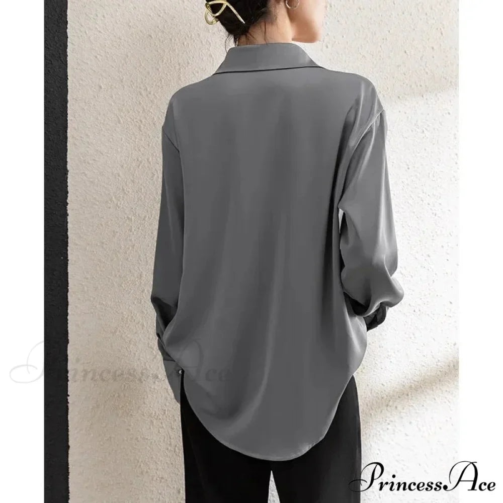 Solid Smooth Drape Baggy Long Sleeve Office Lady Blouse